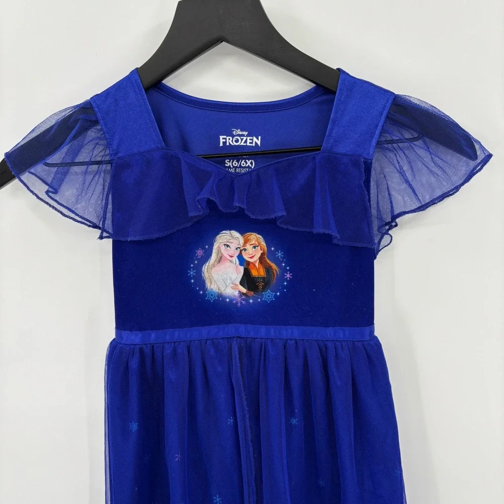 Disney Frozen Nightgown Girls Size 6/6X Blue Elsa Anna Snowflake Mesh Sleepwear
